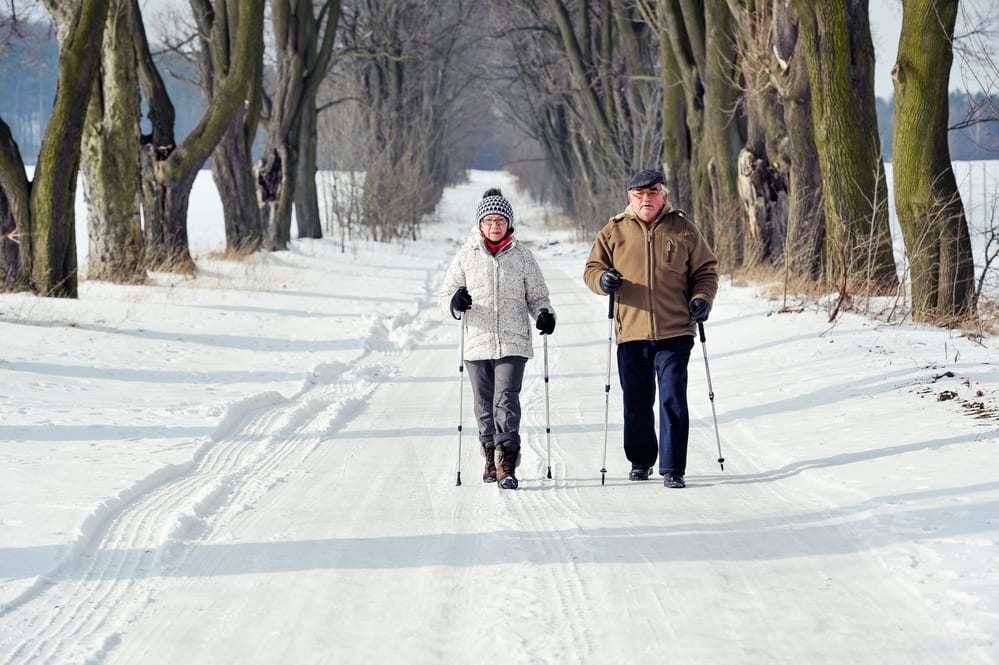 senior couple nordic walking on a snowy road