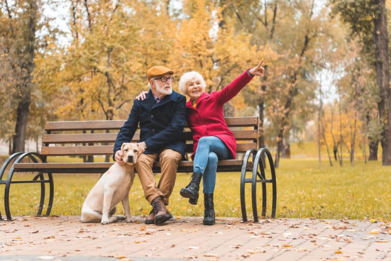 Senior couple with dog on bench in autumn