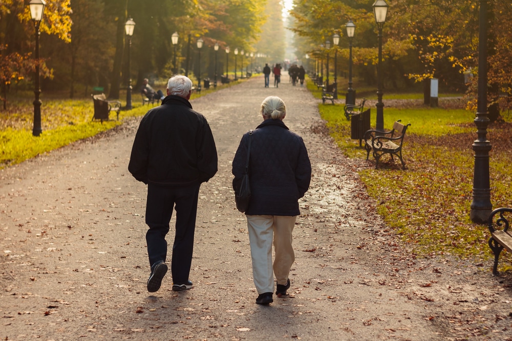 Senior couple walking in park in fall